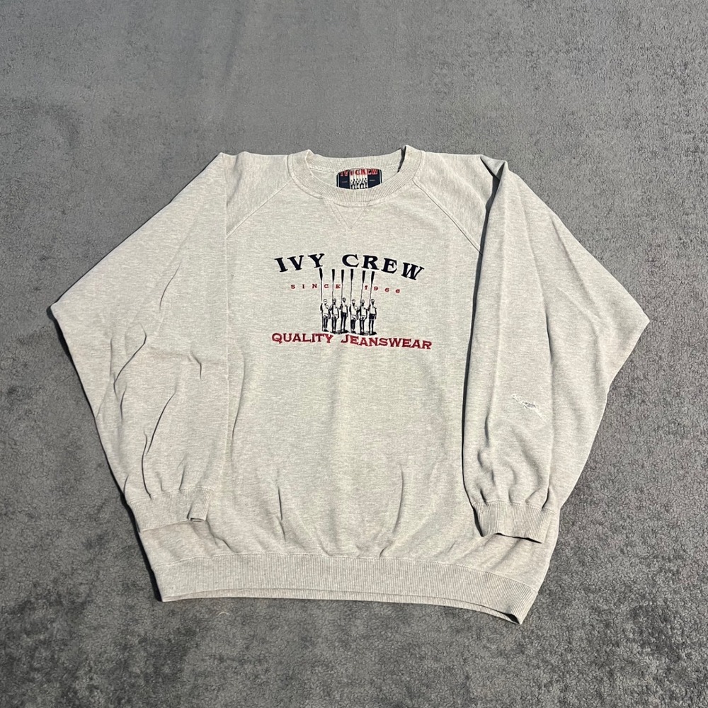 Vintage 90s Ivy Crew Mens XL Grey Cotton Raglan Sweatshirt 100% Cotton Logo